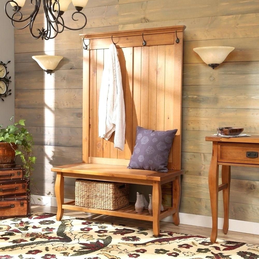Simple Rustic Country Style Hall Tree. Accent Your Home with Natural Wood Entryway Furniture. This Bench Hall Tree Coat Rack Makes an Ideal Entryway Organizer