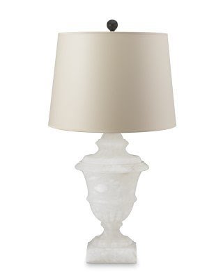 Alabaster carved urn table lamp with ivory shade