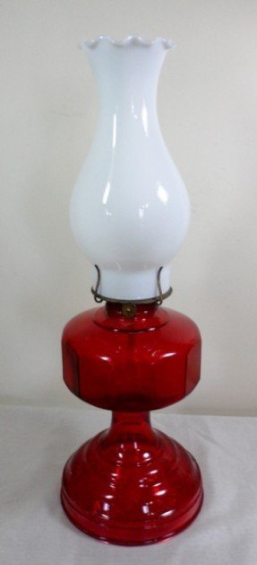 Atwood red milk glass hurricane paneled oil kerosene lamp lantern