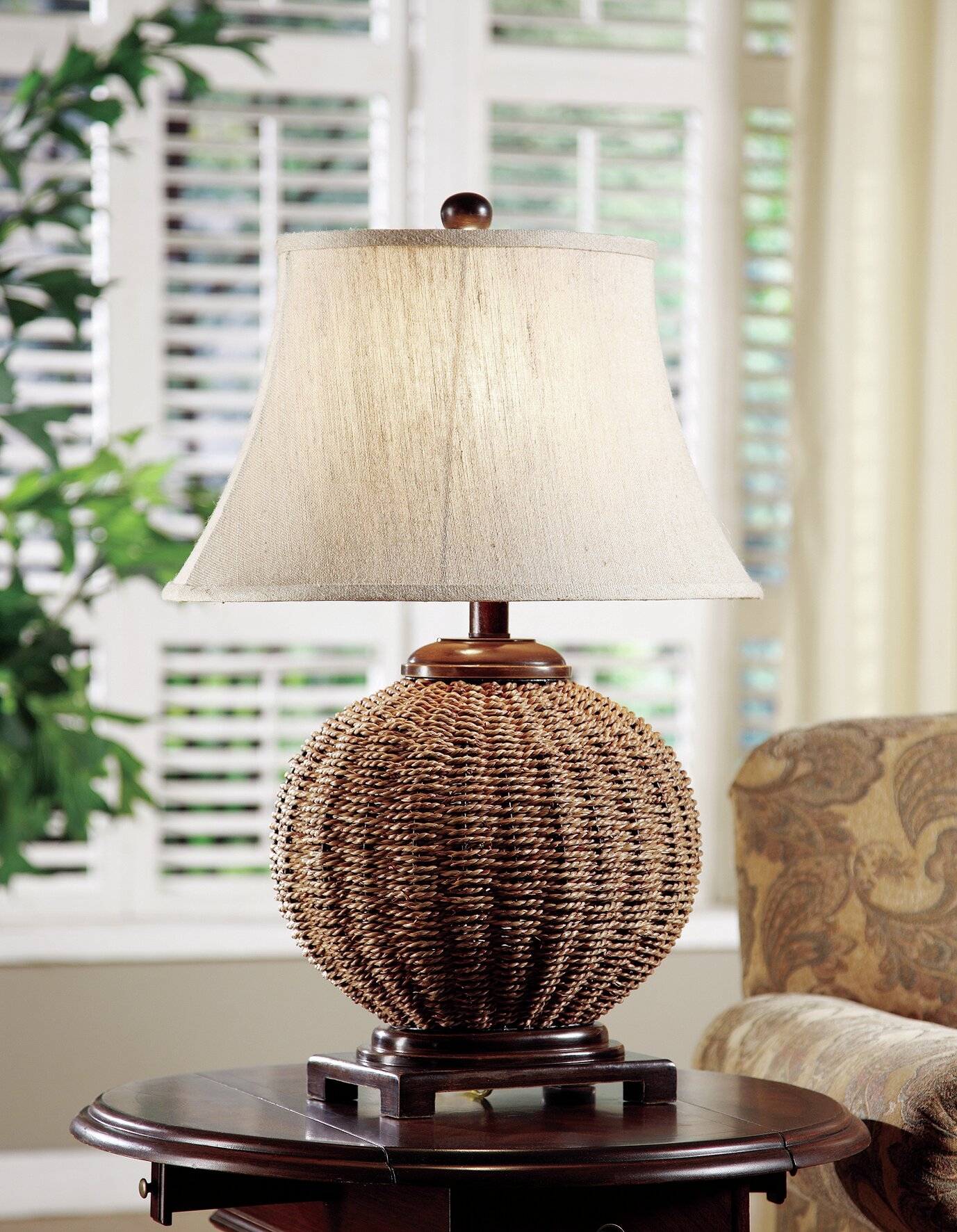 Light brown wicker table lamp textured linen fabric shade size
