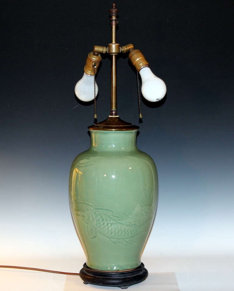 Antique Japanese Studio Celadon Porcelain Lamp