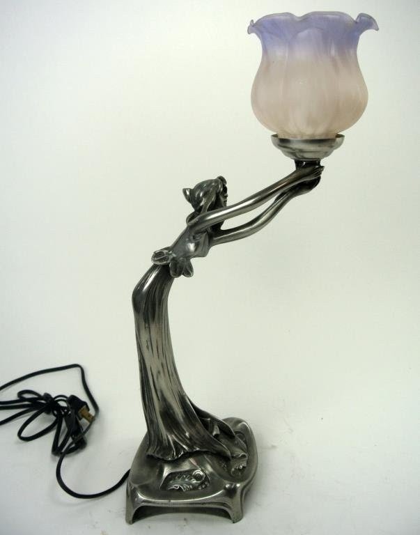 Art nouveau lady lamp holding flower shade