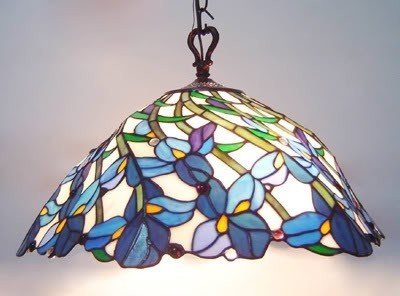 Tiffany iris violet flowers floral stained glass hanging pendant lamp