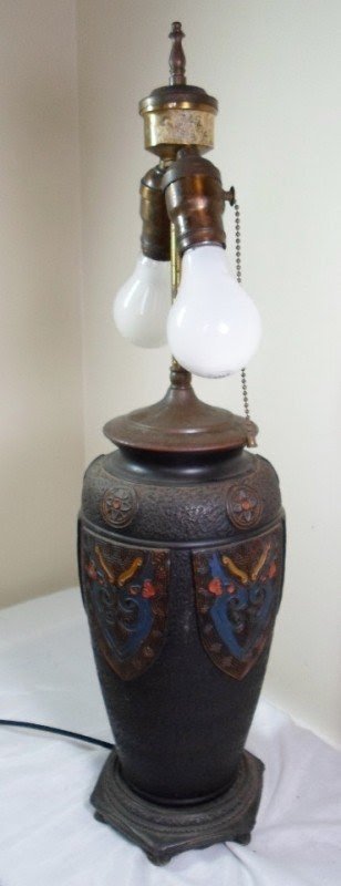 Vintage Art Deco Japanese Greek Key Dragons Cloisonne Shield Vase Lamp Light