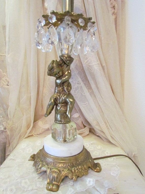 Vintage cherub and marble lamp with crystal by vannasarmoire 52