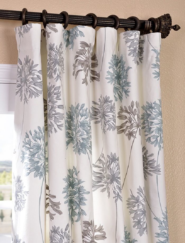 Allium blue and grey printed cotton curtain panel