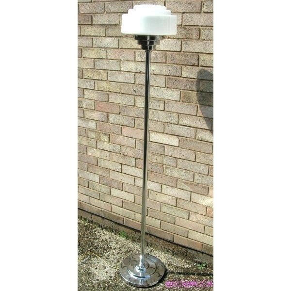 Art deco chrome stepped base standard lamp with white stepped