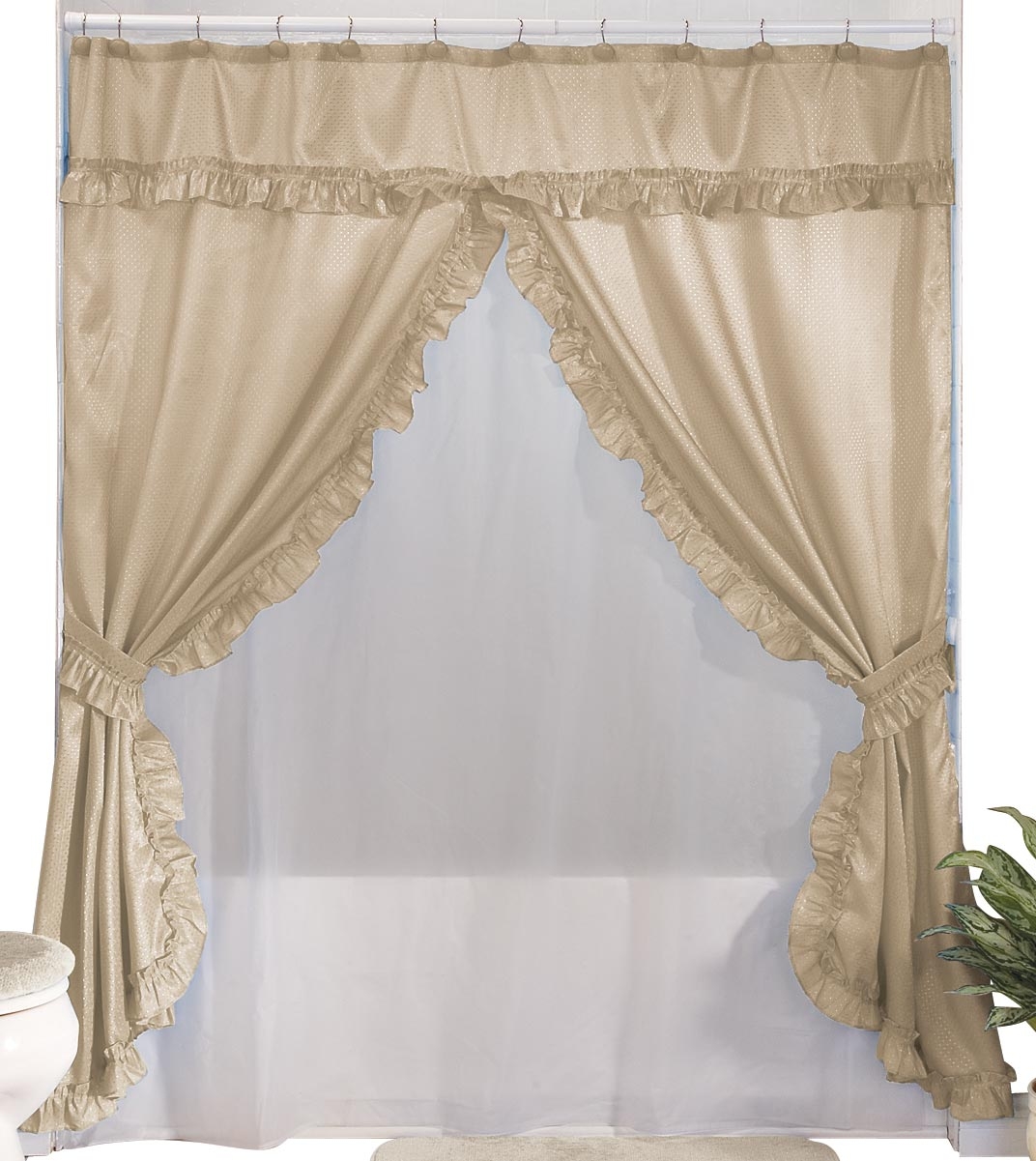 Double swag shower curtain attached valance