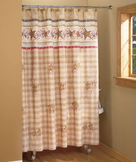 Primitive Shower Curtains Foter   Knlstore Linda Spivey Country Bath Hearts And Stars Primitive Plaid Checkered Beige Red Bathroom Shower Curtain 