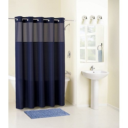 navy and beige shower curtain