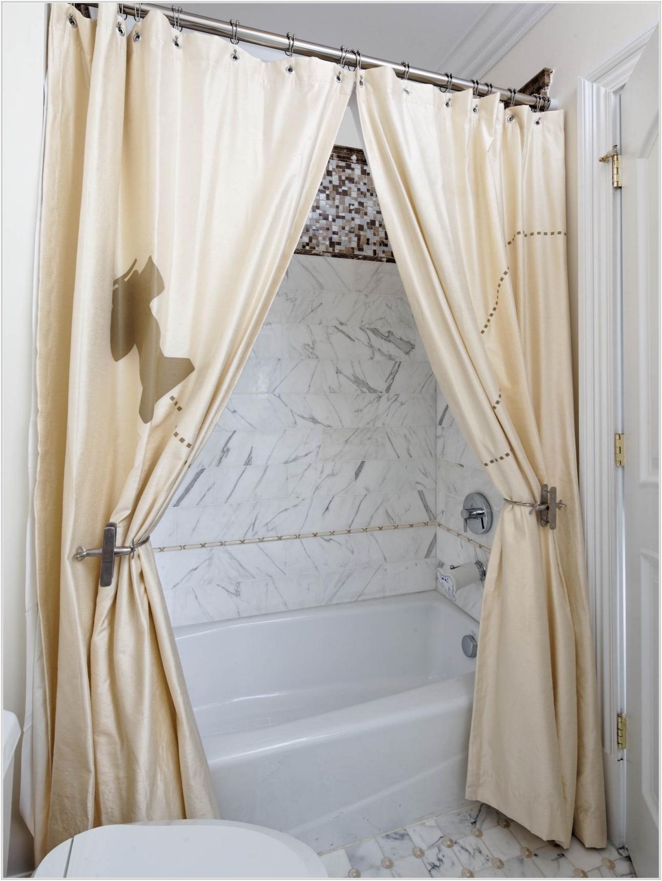 Using two shower curtains and a pair of whimsical drapery
