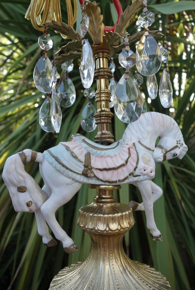 White porcelain horse carousel lamp spelter brass hangin swag