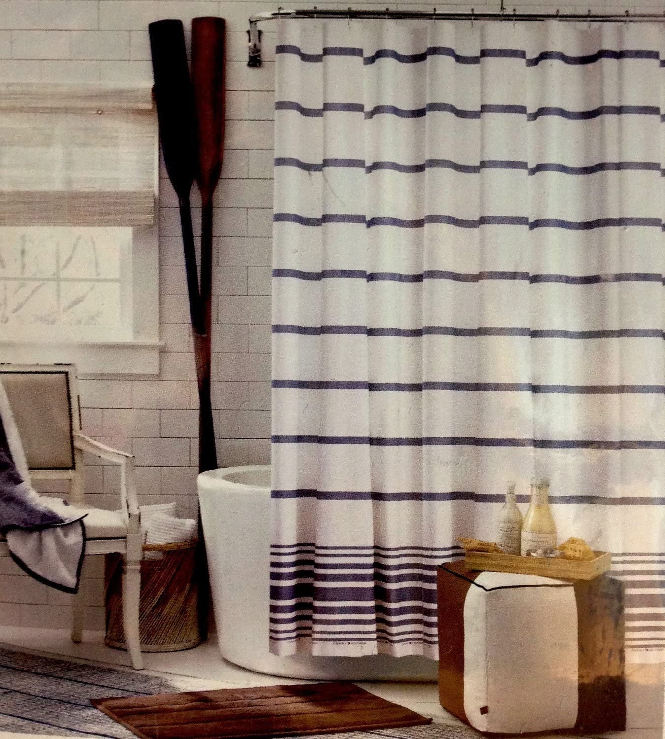 NEW Tommy Hilfiger Cabana Stripe White & Alloy 2x Window Curtain Panels 50 x 84 