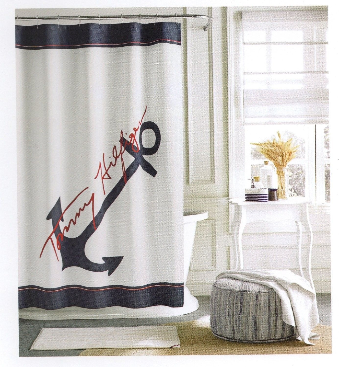 Tommy Hilfiger Cotton Shower Curtain Wide Stripes Fabric Shower Curtain Red Navy Blue Anchor Nautical