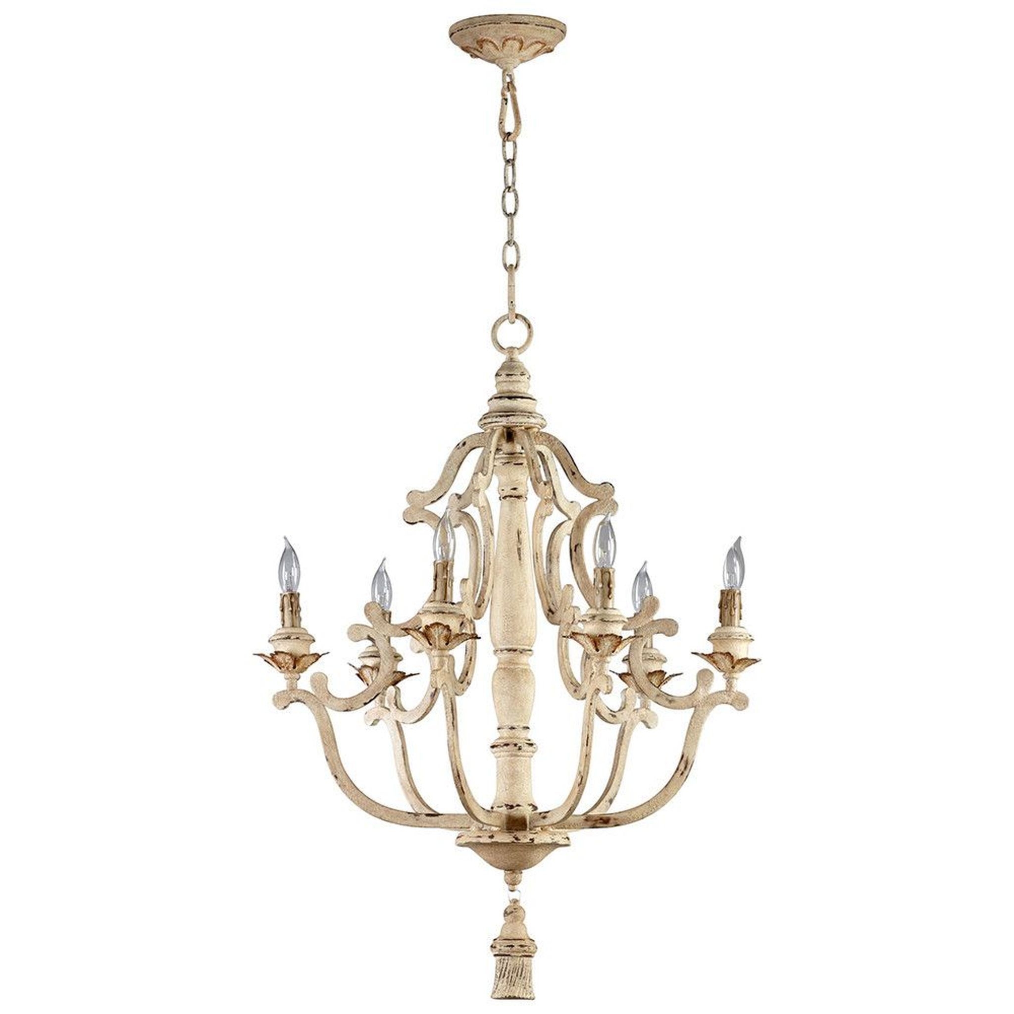 French country antique white 6 light chandelier wrought iron wood