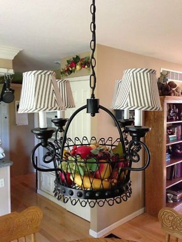 French Country Basket Chandelier W New Black Ticking 6 Shades For Summer