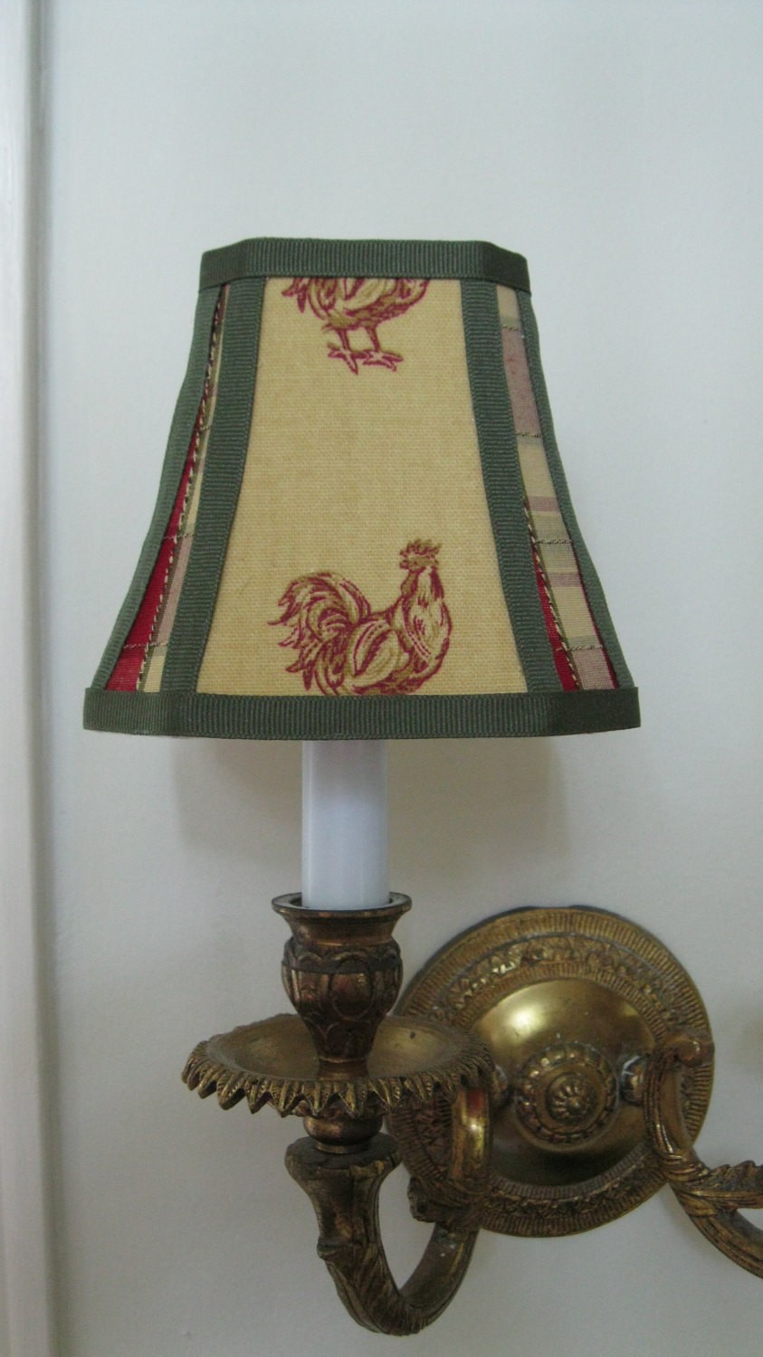 French country chandelier lamp shade in mustard yellow rooster fabric
