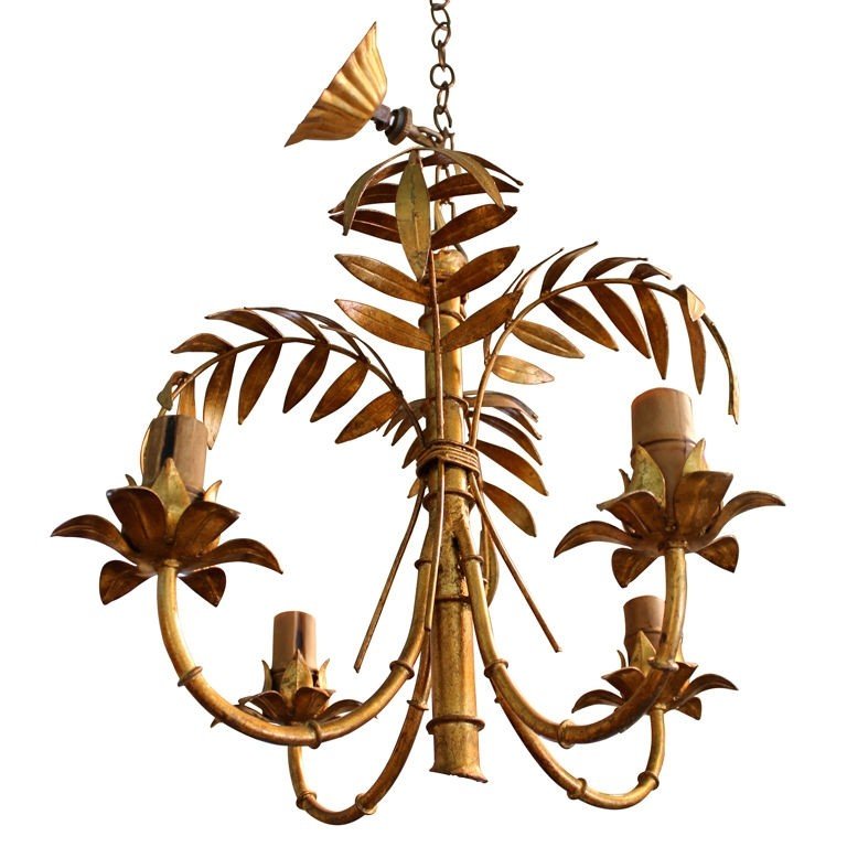 Italian 4 arm gilt metal palm tree bamboo chandelier from