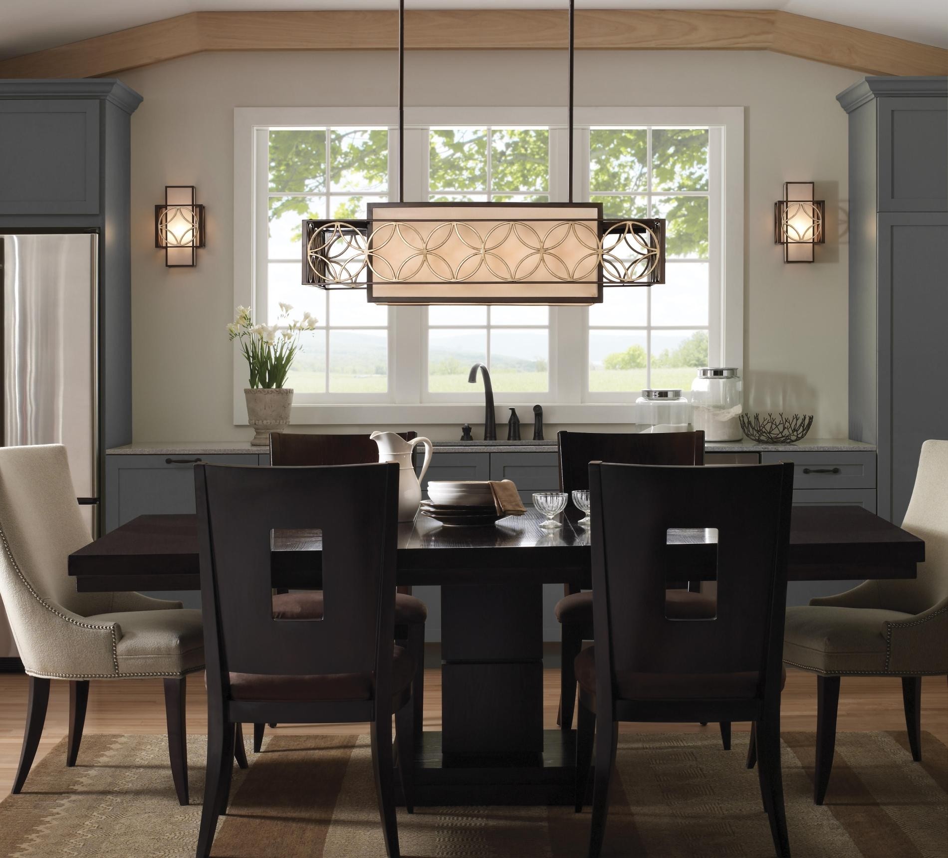 Rectangular lighting over store dining table