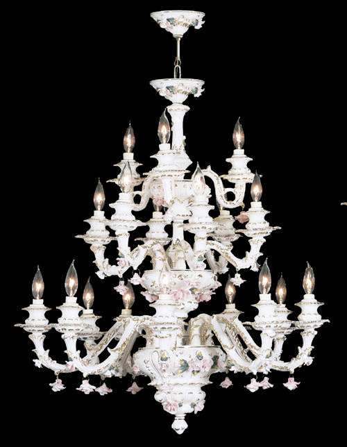 New Capodimonte Chandelier W 18 Arms White Gold Roses Made Italy