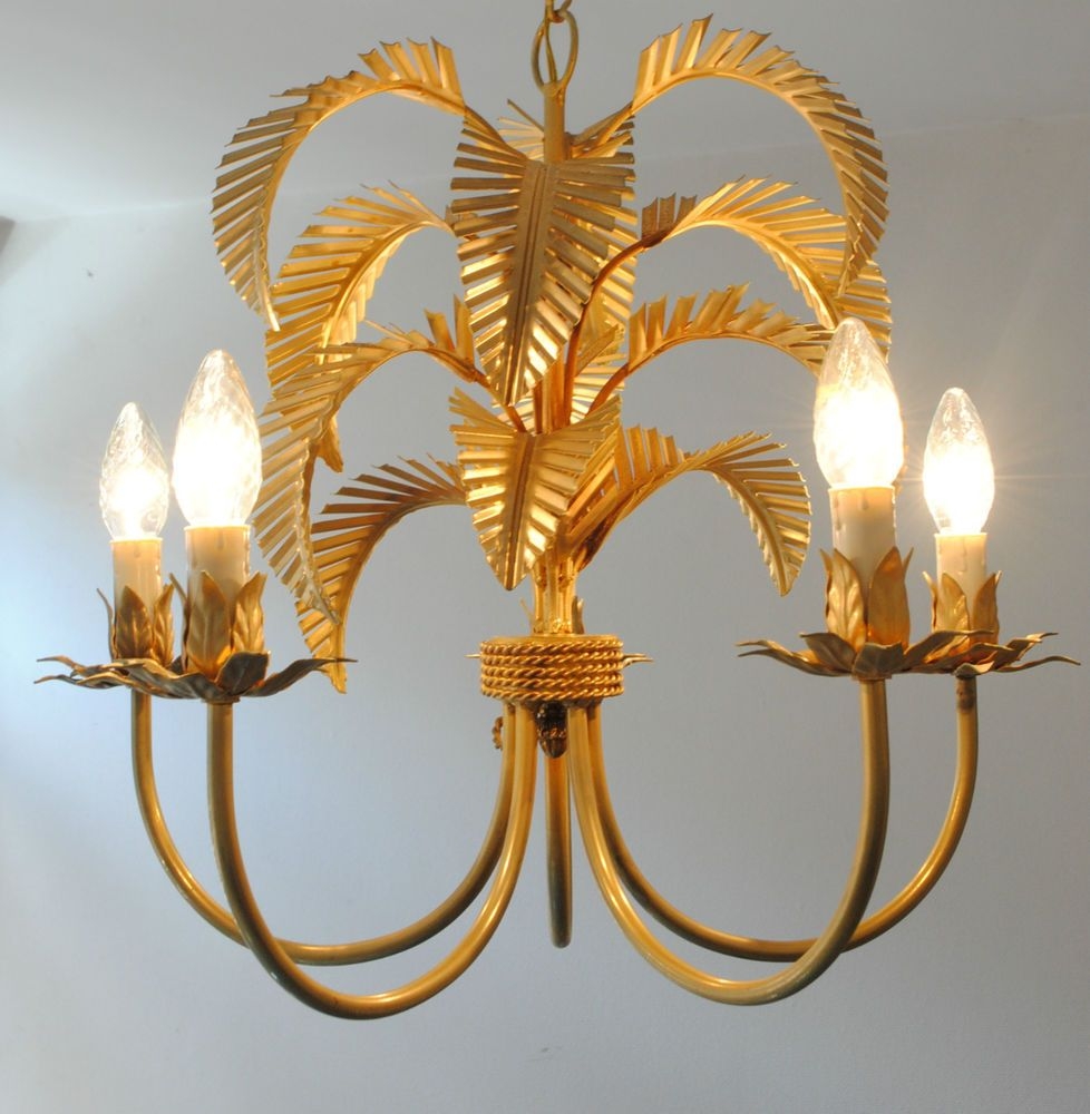 Very unique vintage italian gilt metal palm tree chandelier