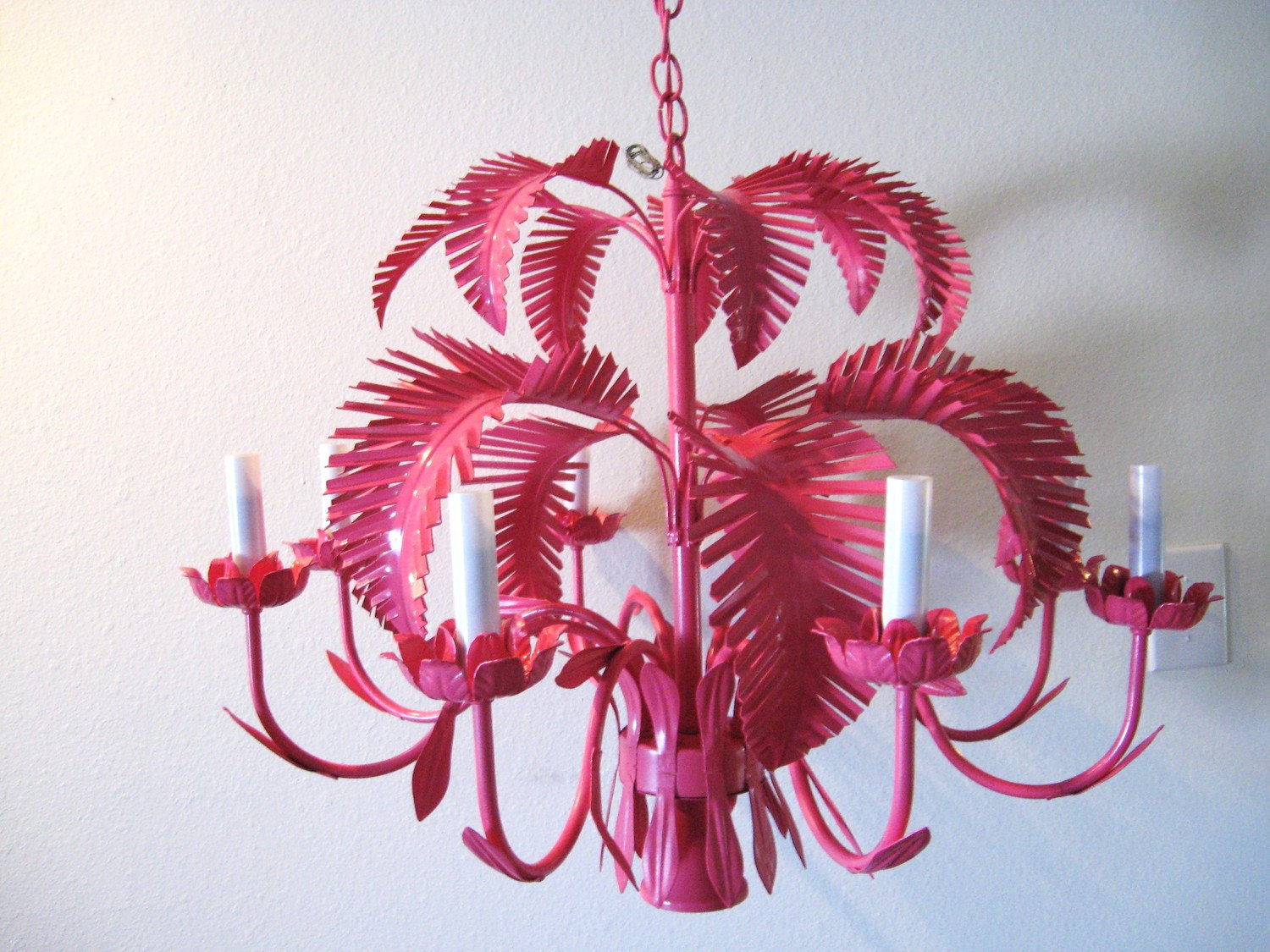 Vintage hollywood regency hot pink palm tree tole chandelier