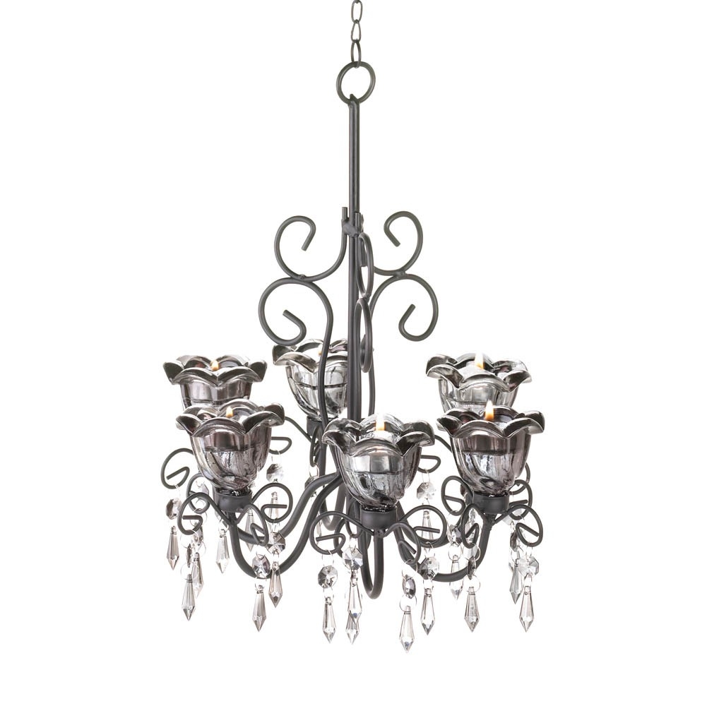Wholesale black wrought iron candle chandelier with 6 smoked glass
