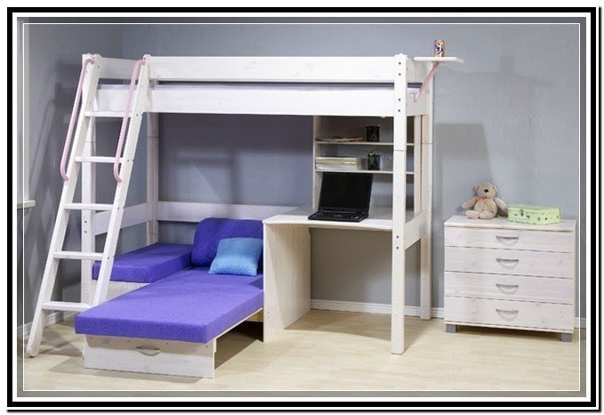 wooden bunk bed with double futon underneath