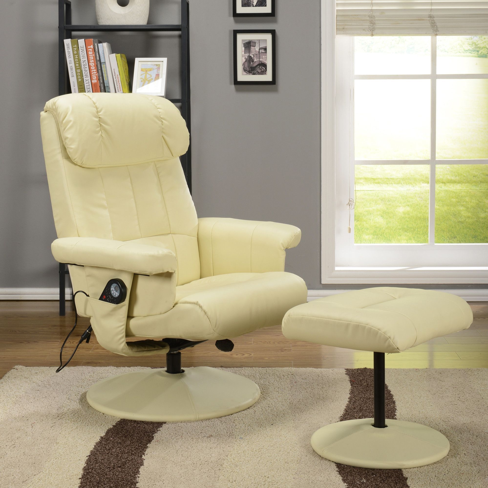 Kings Brand Cream White Massage Recliner Swivel Chair & Ottoman With Heat