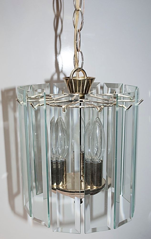 Mid Century Modern Beveled Glass Sheet Prism Rounded Chandelier Pendant 3 Light