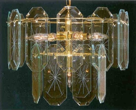 Nine light chandelier w twenty hand engraved beveled glass panels