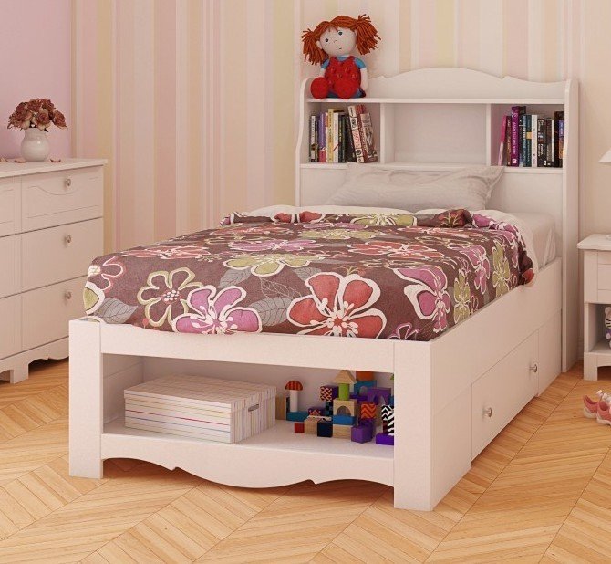 Twin Bookcase Headboard Wooden Storage Adjustable Shelves W/ Drawer Kids Bedroom 