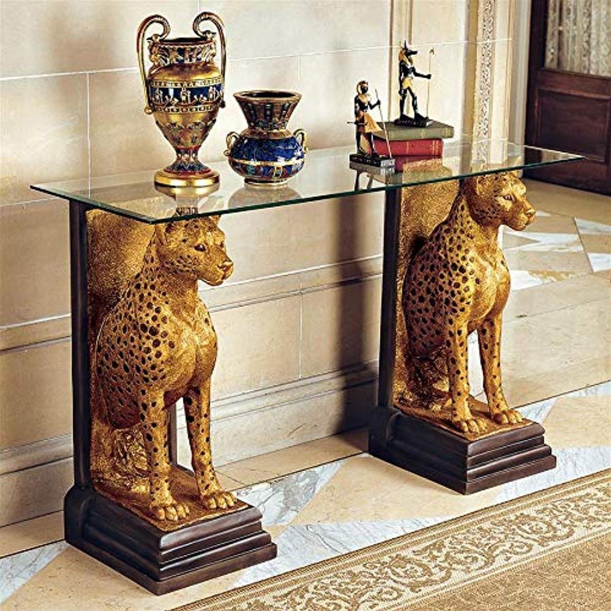 Royal Egyptian Cheetahs Sculptural Glass Topped Console Table
