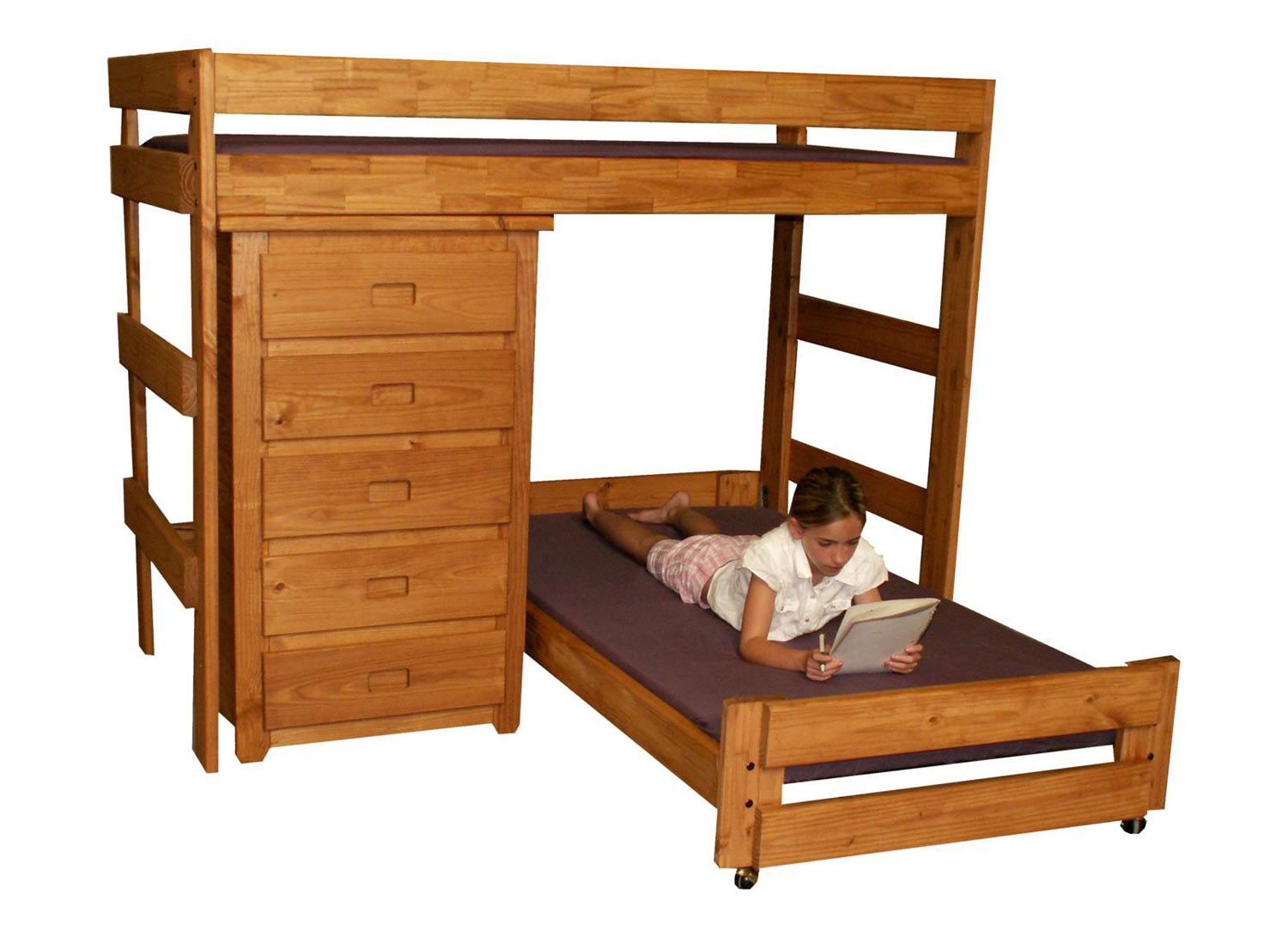 Twin Over Twin L-Shaped Bunk Bed with 5 Drawer Chest