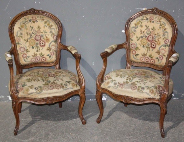 Pair 2 french louis xv open arm chairs carved j6664