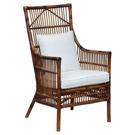 Rattan high back arm chair with a cotton cushion and