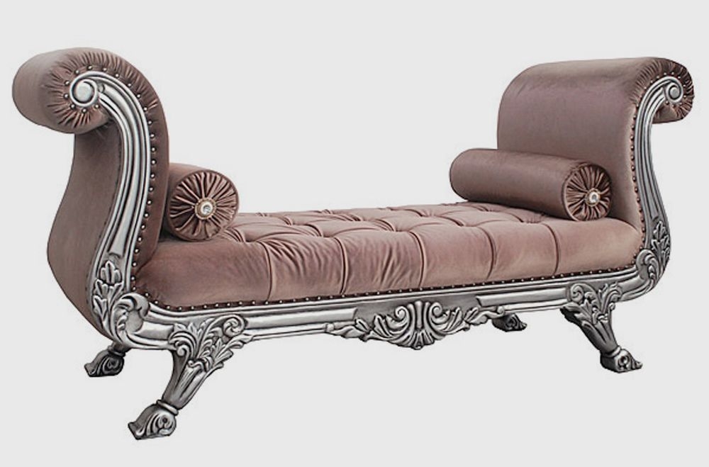 Antique Style Victorian Rolled Arm Rosy Velvet Bench Silver Finished Mahogany