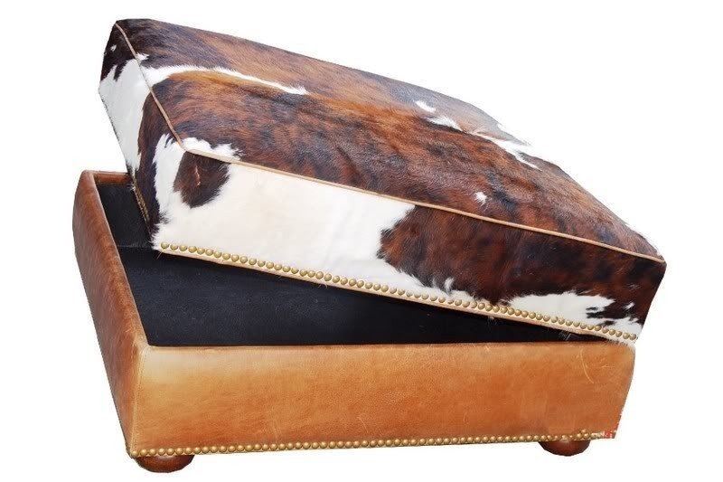 Olivia square storage ottoman tacoma brown with tri color cowhide