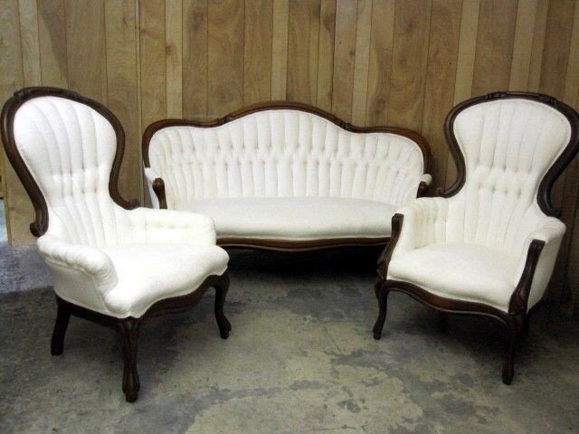 Vintage victorian balloon back chairs and sofa parlor set white