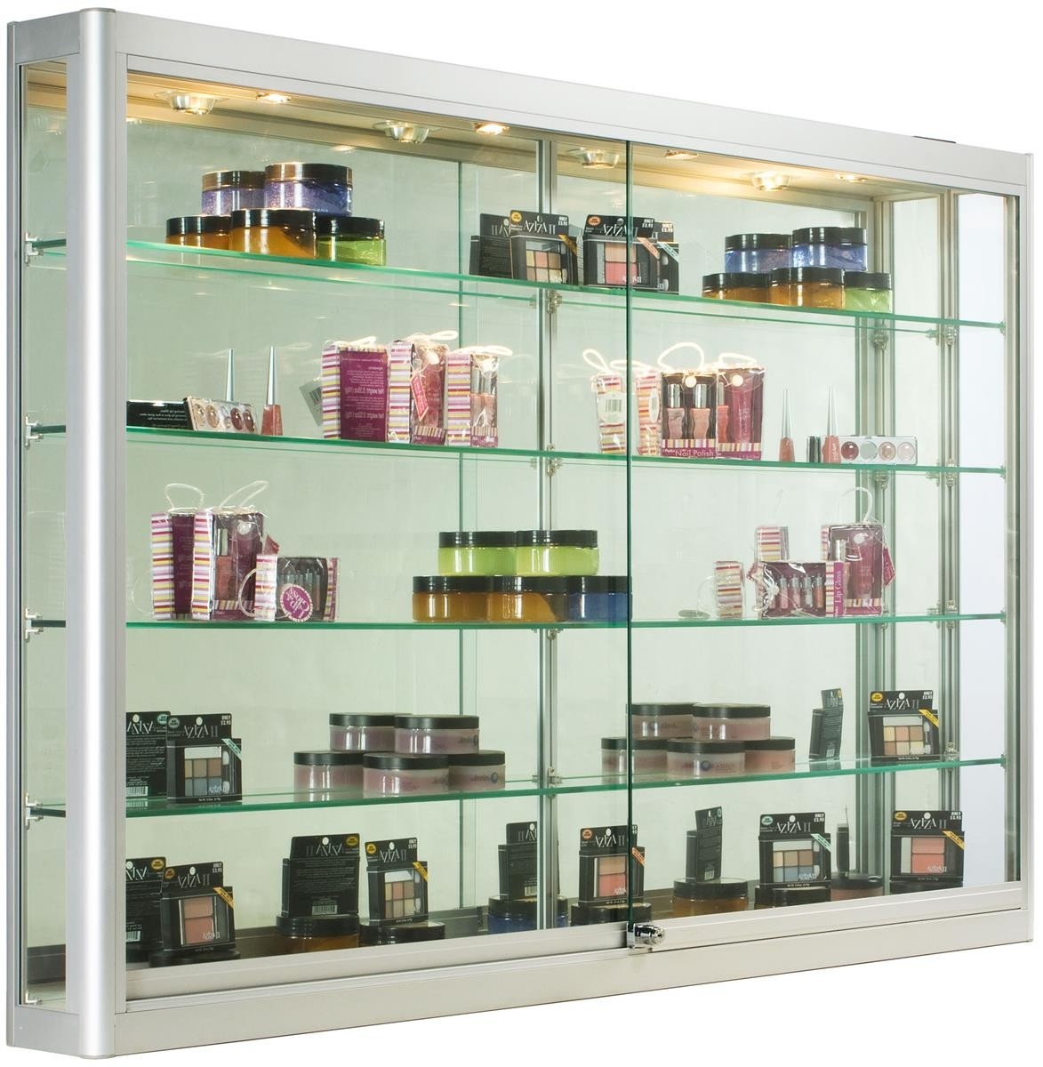 5ft wall mounted display case w 4 top lights mirror