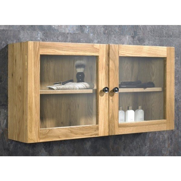 Solid oak wall mounted double door bathroom glass cabinet