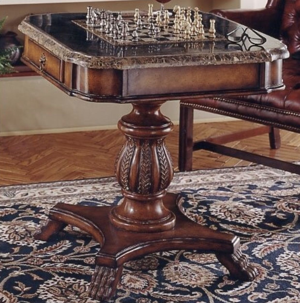 Heritage antique pedestal chess and checker game table