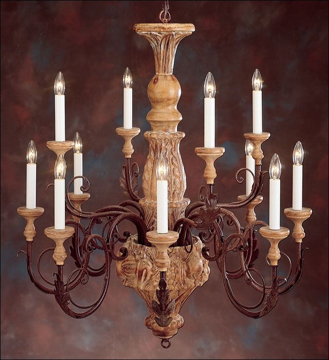 Style medium two tiered carved wood chandelier with harvest motif