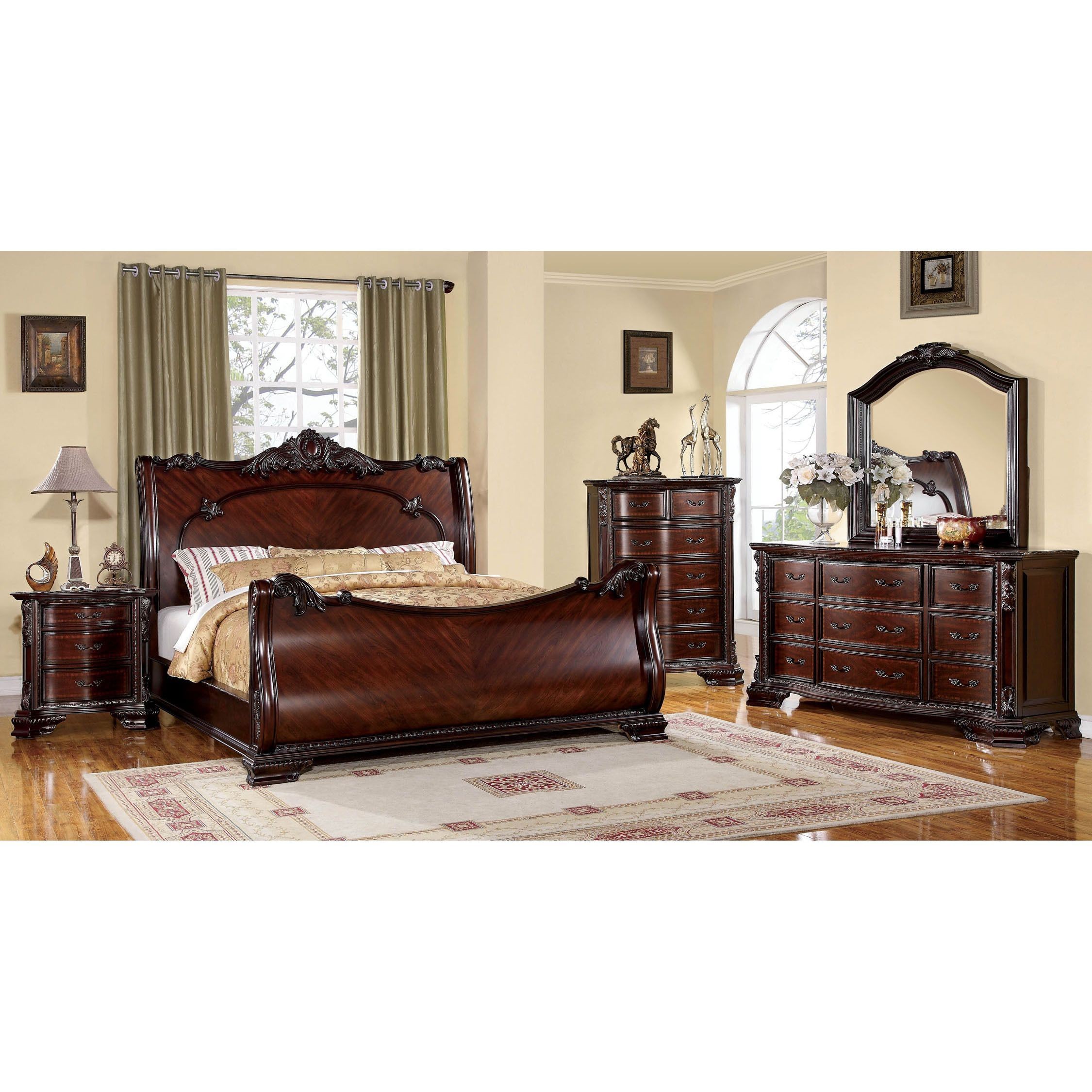 Of america luxury brown cherry 4 piece baroque style bedroom