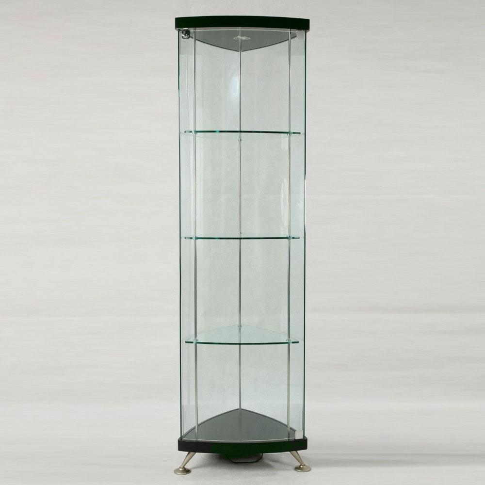 Glass curio cabinet in black uniquely shaped triangular glass curio