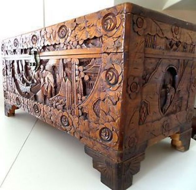 Old figural hand carved chinese camphor chest with roses 29
