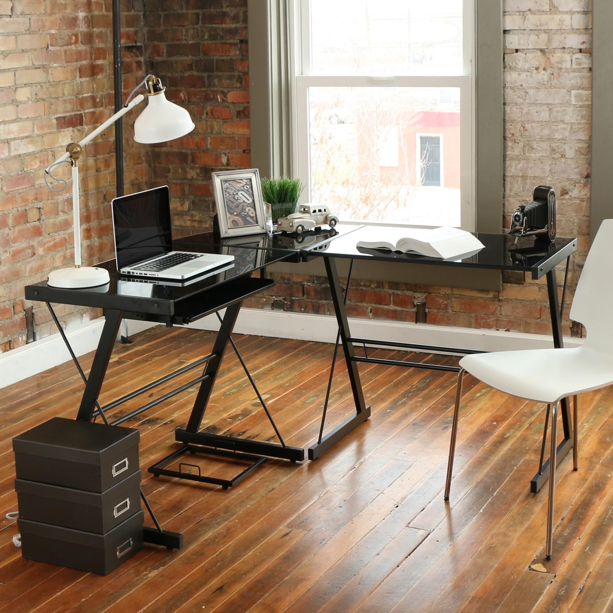 3-piece L-Shaped Desk with Black Glass and Black Frame