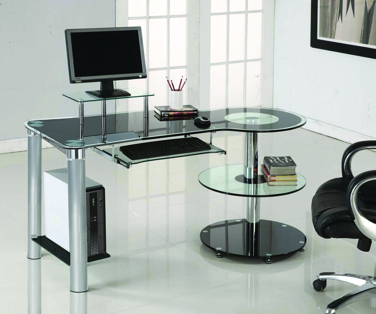 Black Glass & Chrome Modern Desk with Circular Shelves