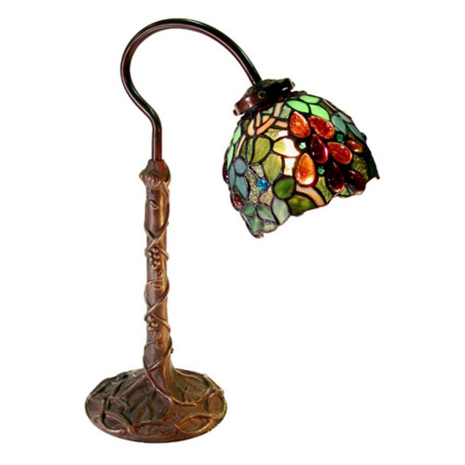 12"W Zinc Base Grape Vine Handcrafted Stained Glass Jeweled Table Desk Lamp 
