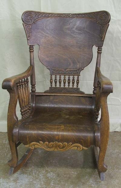 Antique tiger oak rocking chair spindle high back with applied